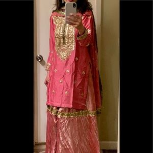 Gorgeous, New, Formal Silk Gharara with Embellished Shirt & Chiffon Dupatta